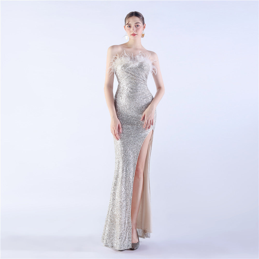 Fur Strapless Sexy Sequins Slit Evening Dress 4