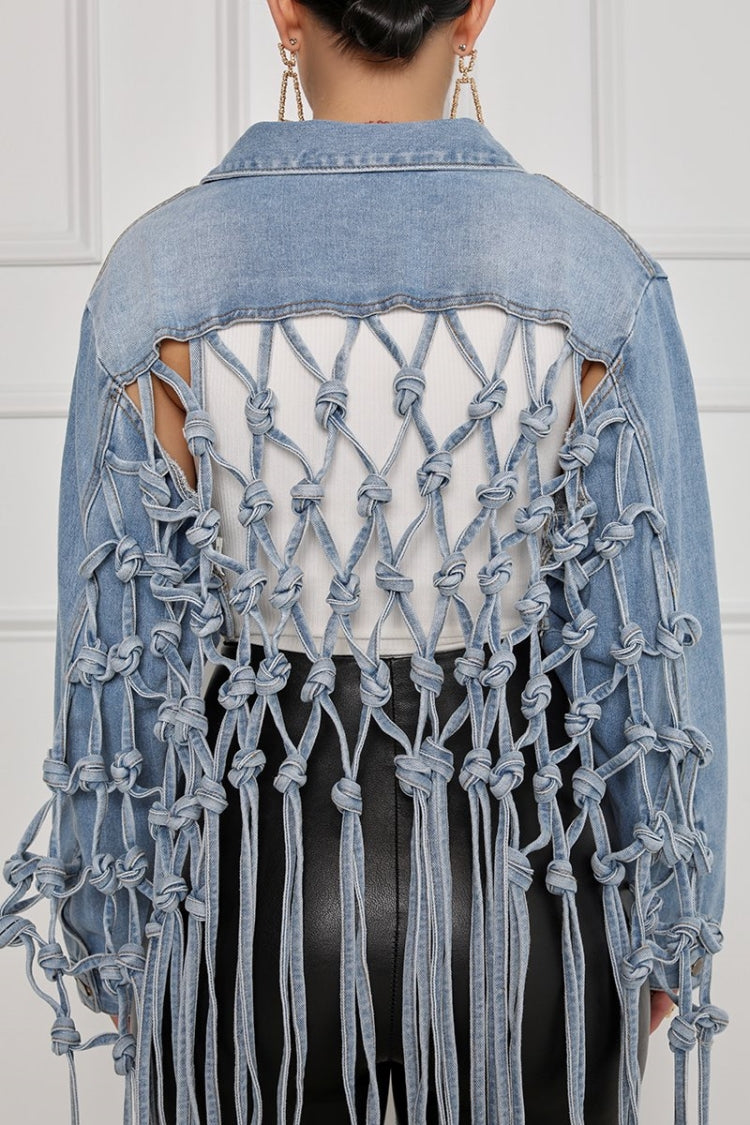 Autumn Casual Blue Loose Medium Long Tassel Denim Jacket 5