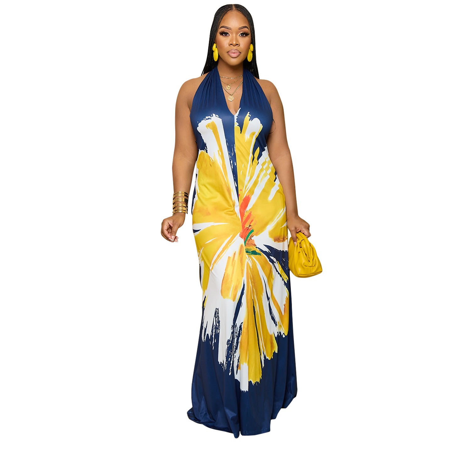 Women's Fashion Low Back Halter Neck Gown Print Maxi Dress 8