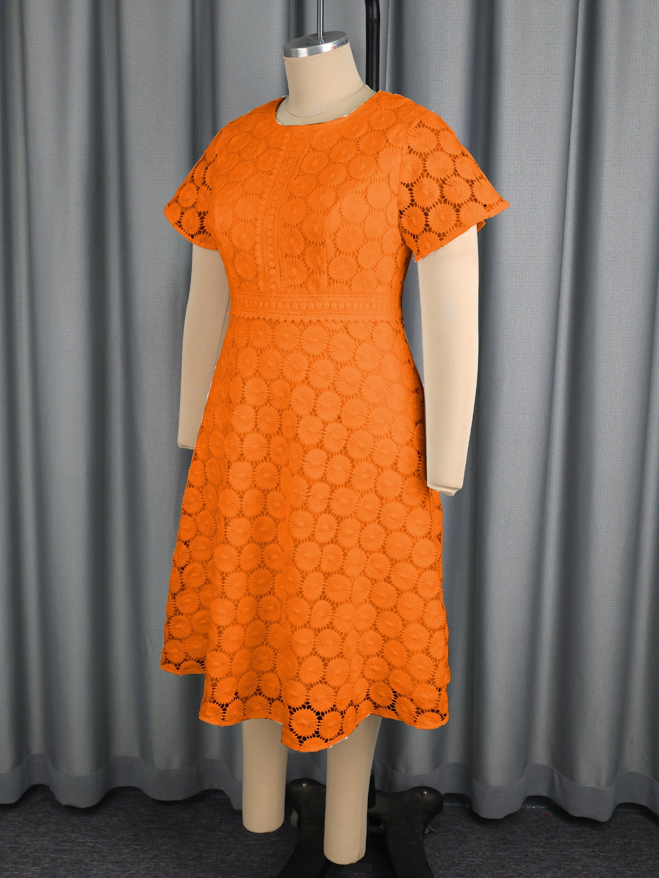 Plus Size Orange Lace Short Sleeve Dress High Waist A-Line Elegant Chic Evening Gown 6