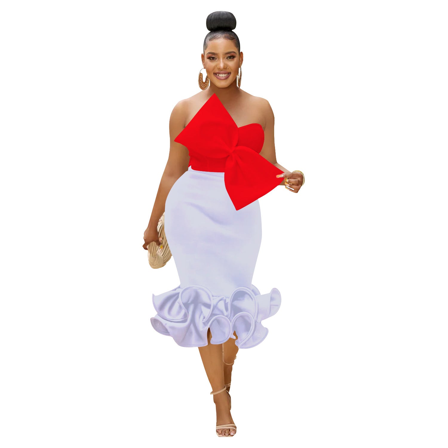 Women Sleeveless Strapless Bow Top and Bodycon Skirt Two-Piece Set 9