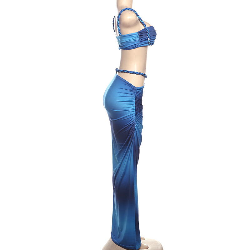 Women Spring Sexy Solid Backless Top and Bodycon Skirt Two-piece Set 25