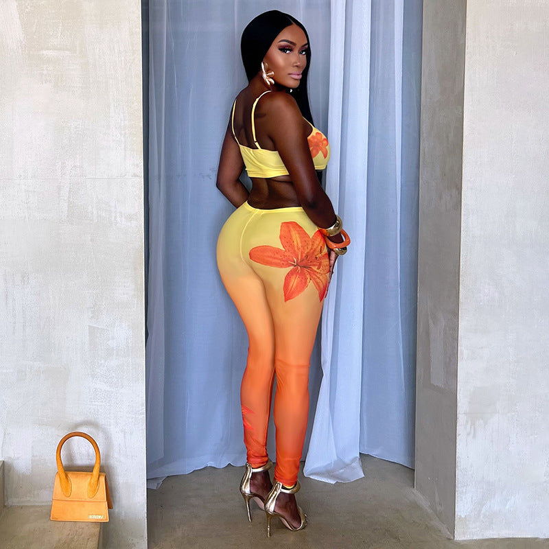 Women Sexy Floral Gradient Printed Camisole Vest Top and Trousers Two-Piece Set 12