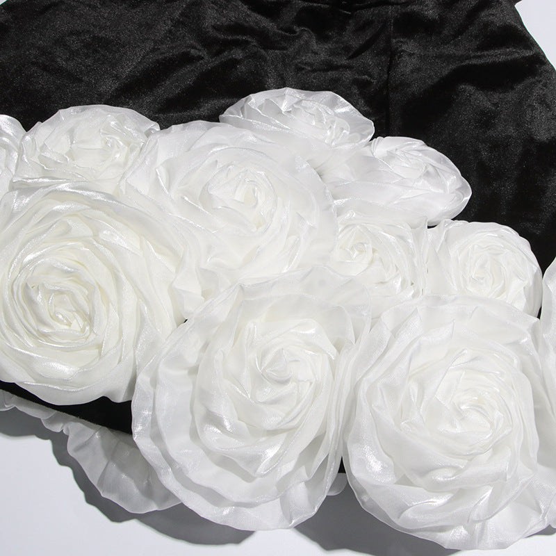 Women sexy velvet wrap chest white rose puffy dress 10