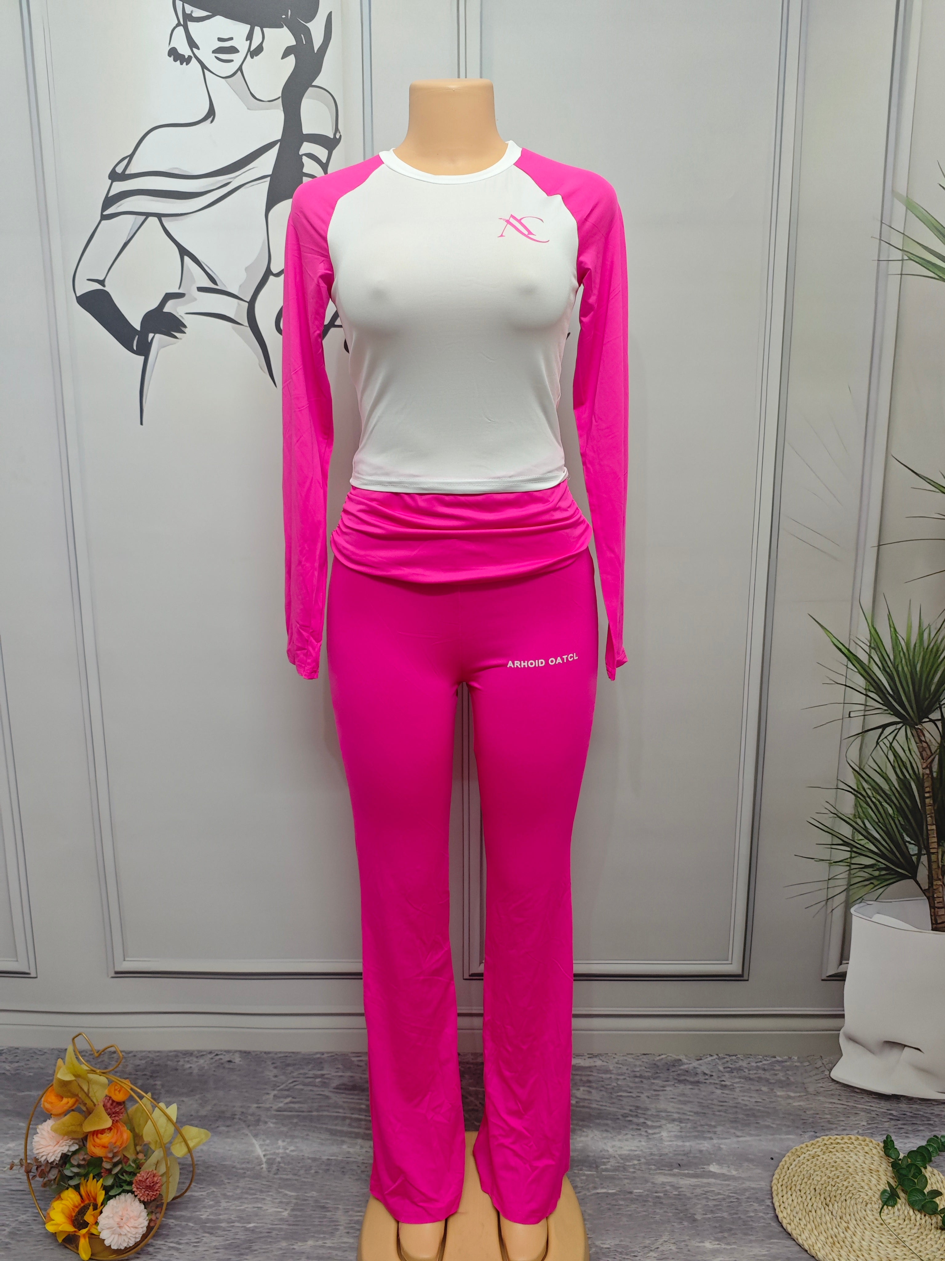 Women's Autumn Contrast Color Round Neck Slim Long Sleeve Two Piece Pants Set 15