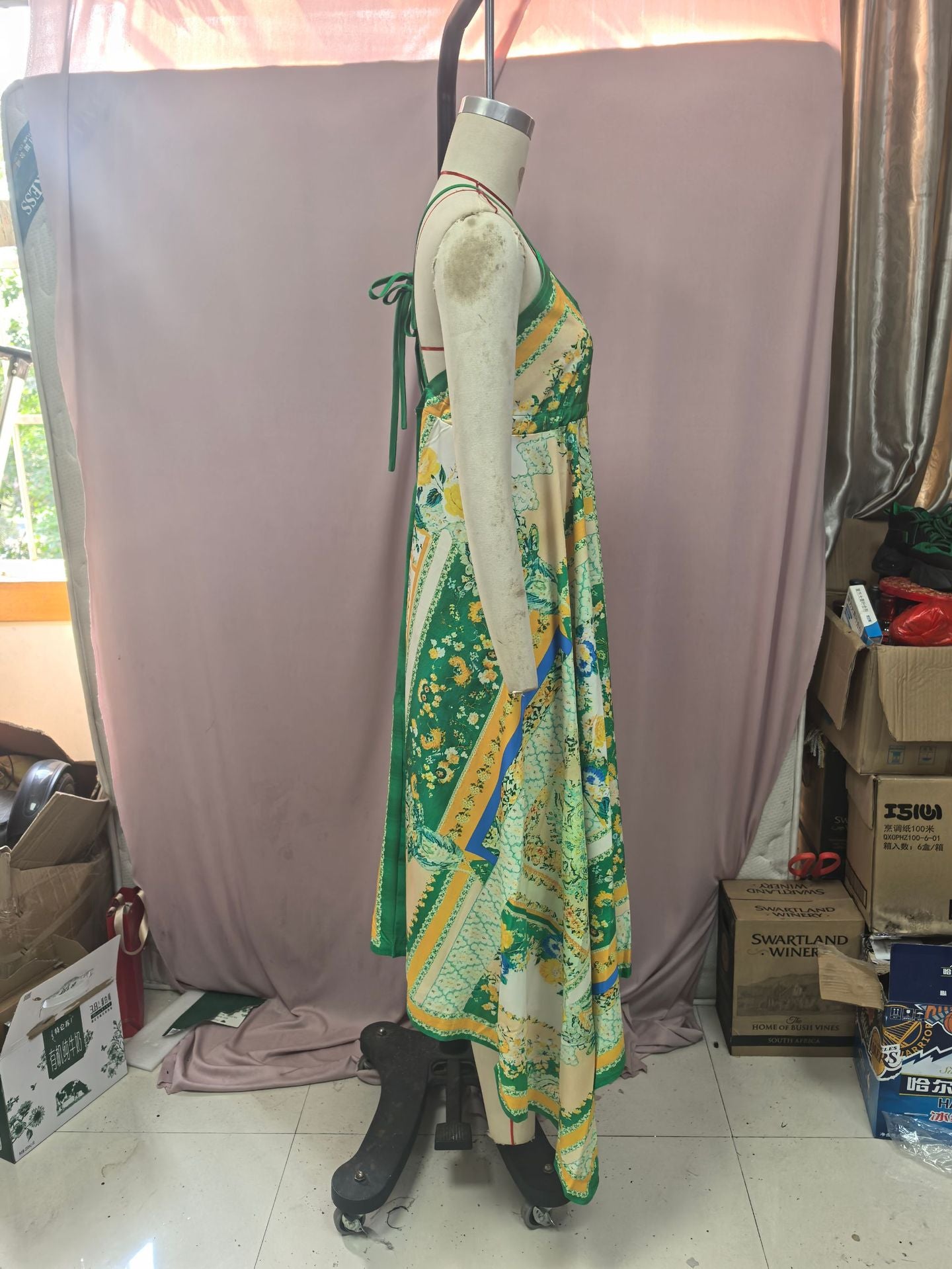 Women Spring/Summer Off-The-Shoulder V-Neck Strappy Print Dress 10