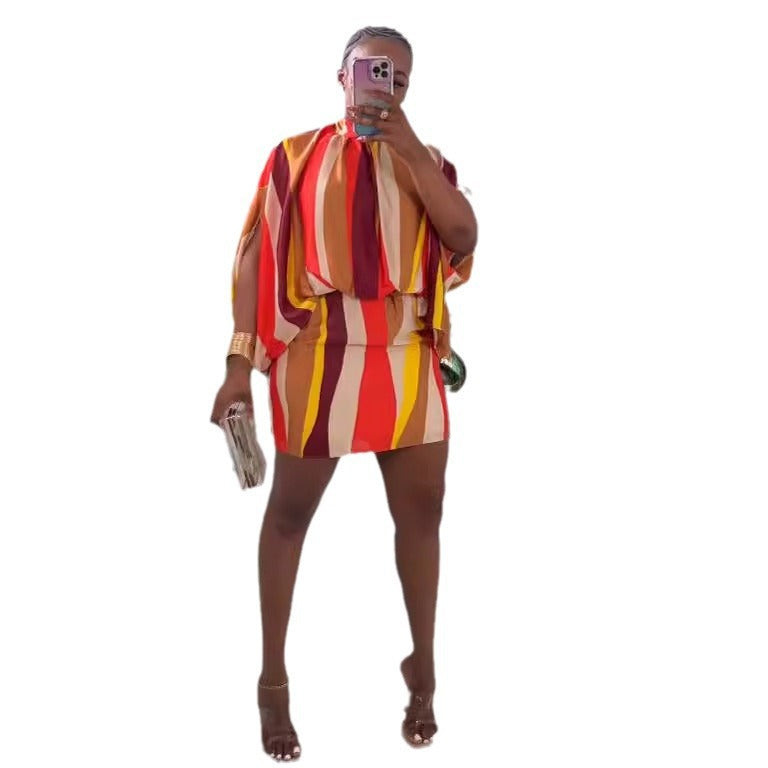 Women Sexy Color Stripe Print Lace-Up Bat Sleeves Bodycon Dress 9