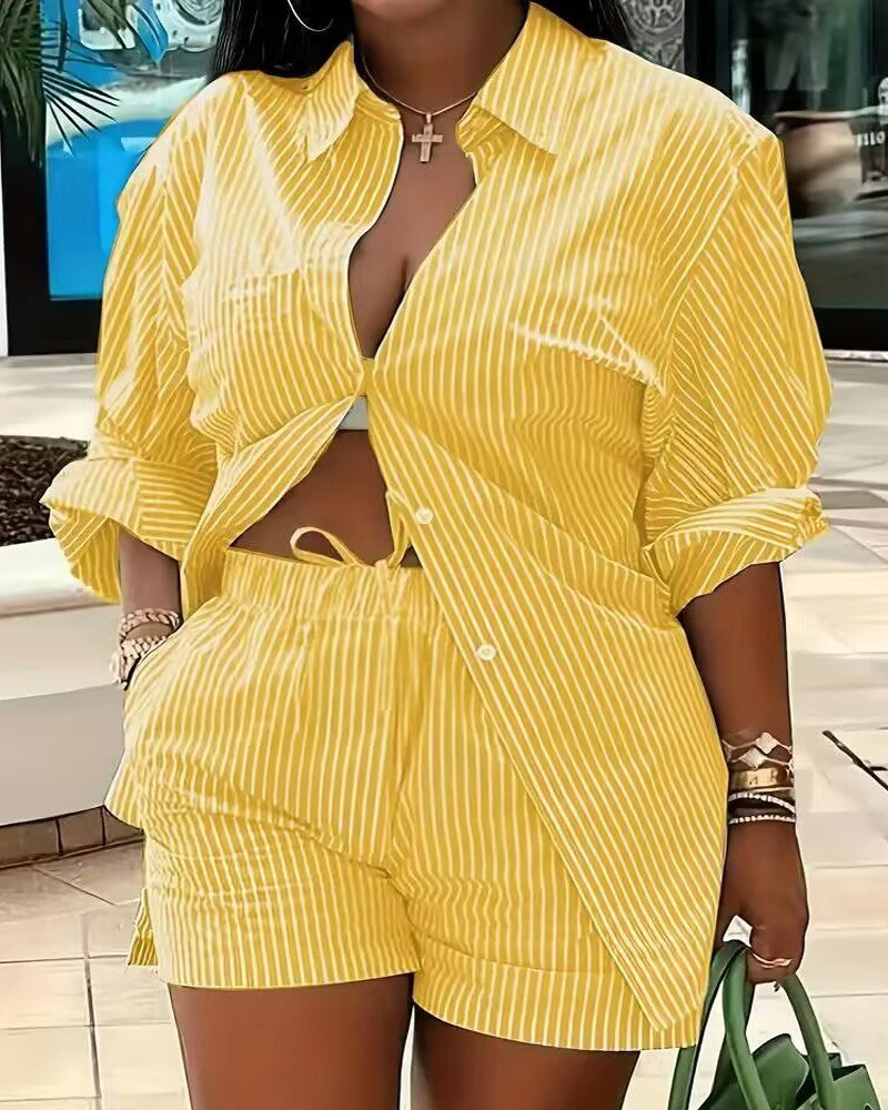 Women's Long Sleeve Printed Shirt Shorts Printed Two Piece Set 3