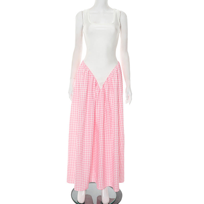 Solid Color Patchwork Plaid Print Sleeveless Loose Long Dress 5