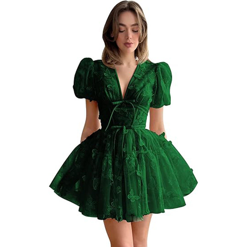 Women bridesmaid dress with flower V-neck short-sleeved dress 18