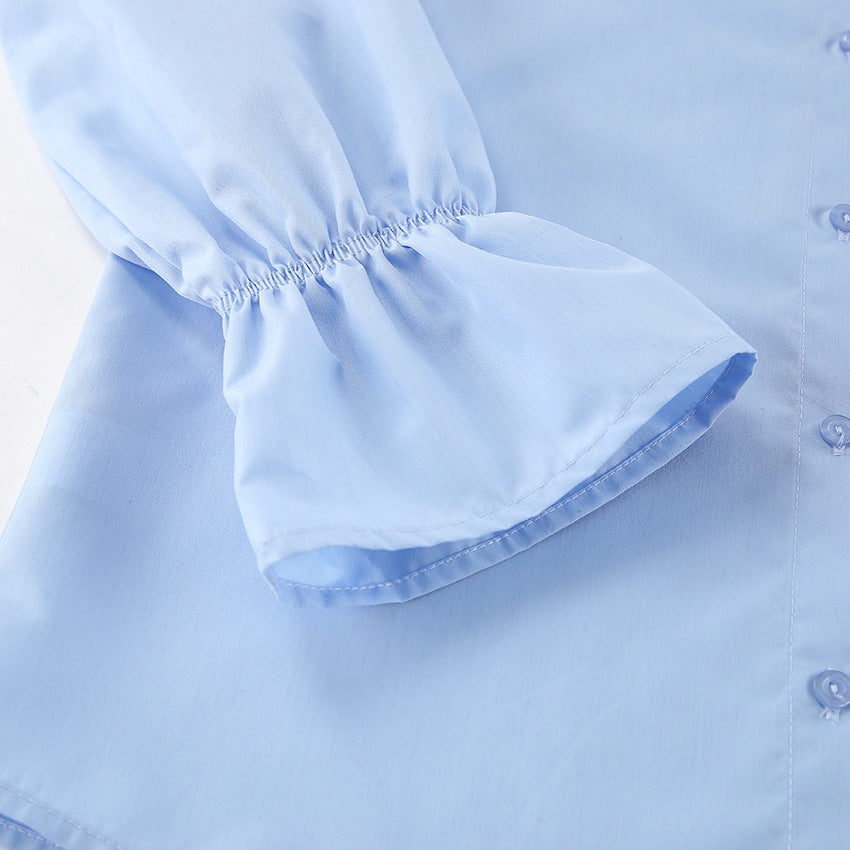 Women autumn and winter blue Turndown Collar Bell Bottom sleeve Shirts 17