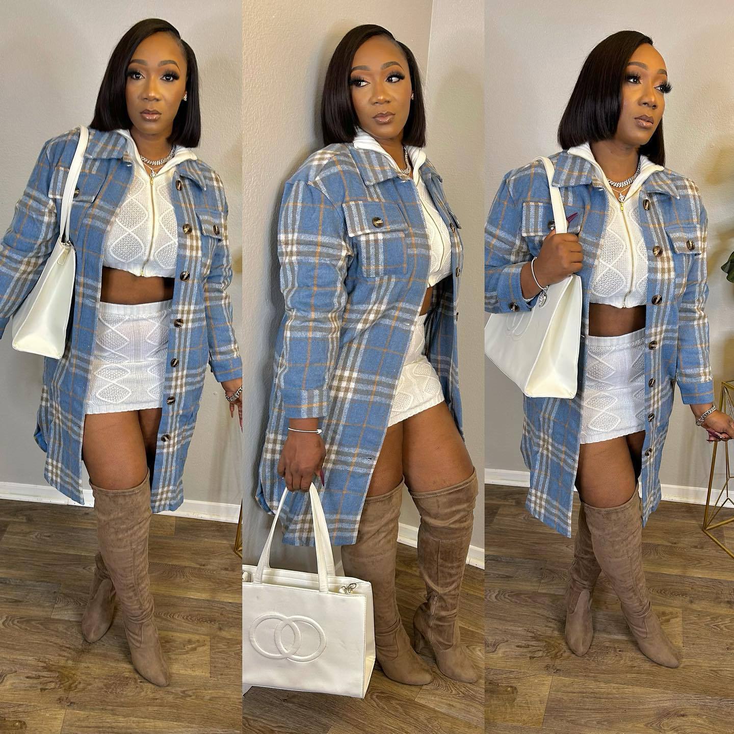 Women Casual Check Turndown Collar Jacket 4