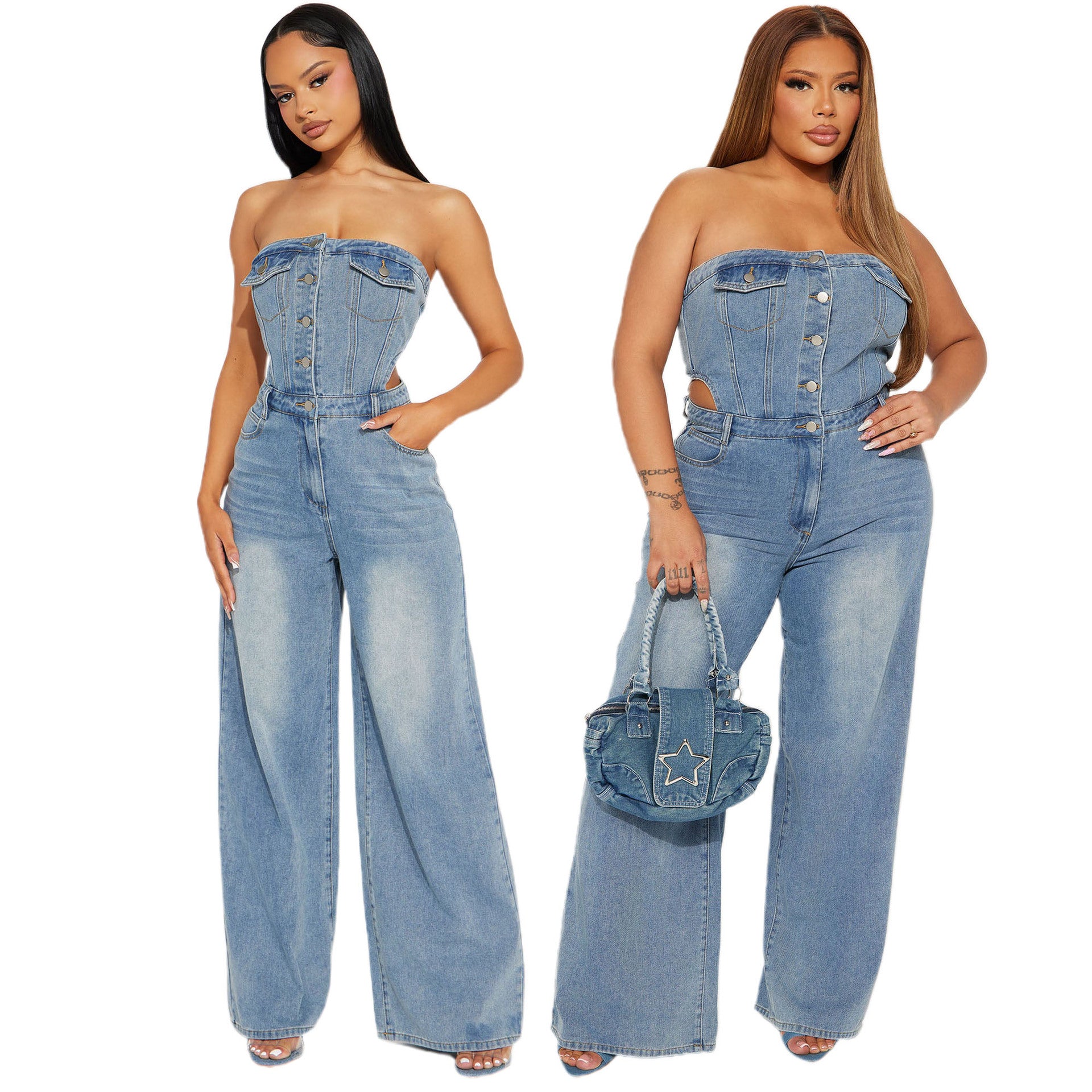 Women Strapless Off Shoulder Wide Leg Denim Jumpsuit