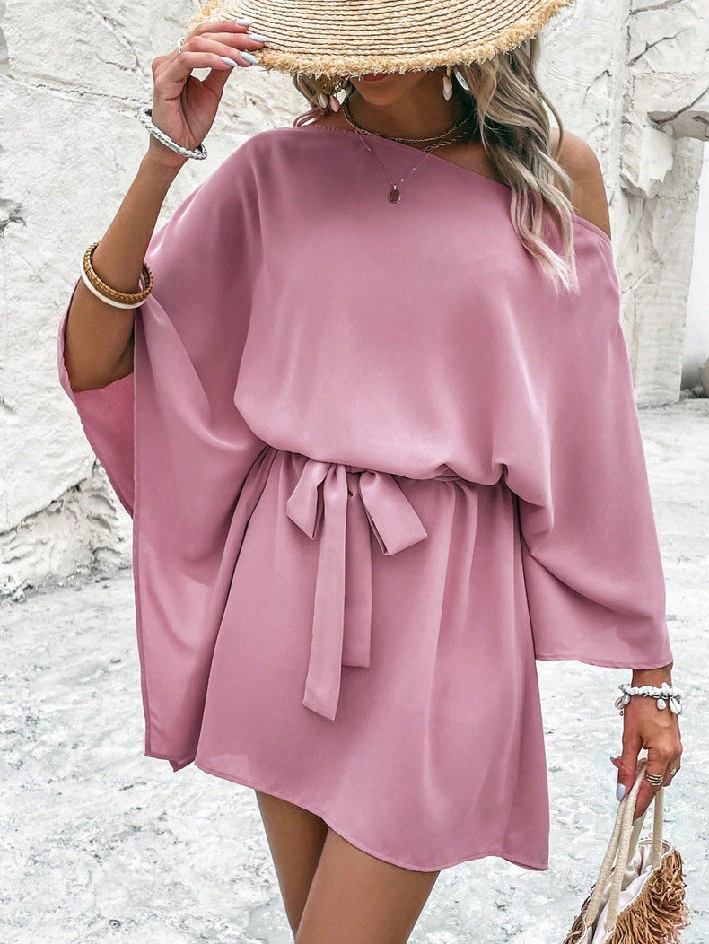 Women Satin Off-shoulder Asymmetrical Dress 22