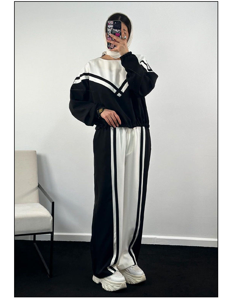 Women Contrast Color twill Casual Top and Pants Two-piece Set