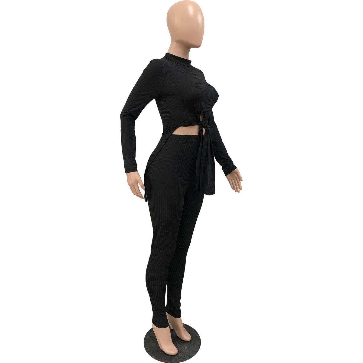 Women Ribbed Lace-Up Round Neck Long Sleeve Top and Pant Two Piece 8