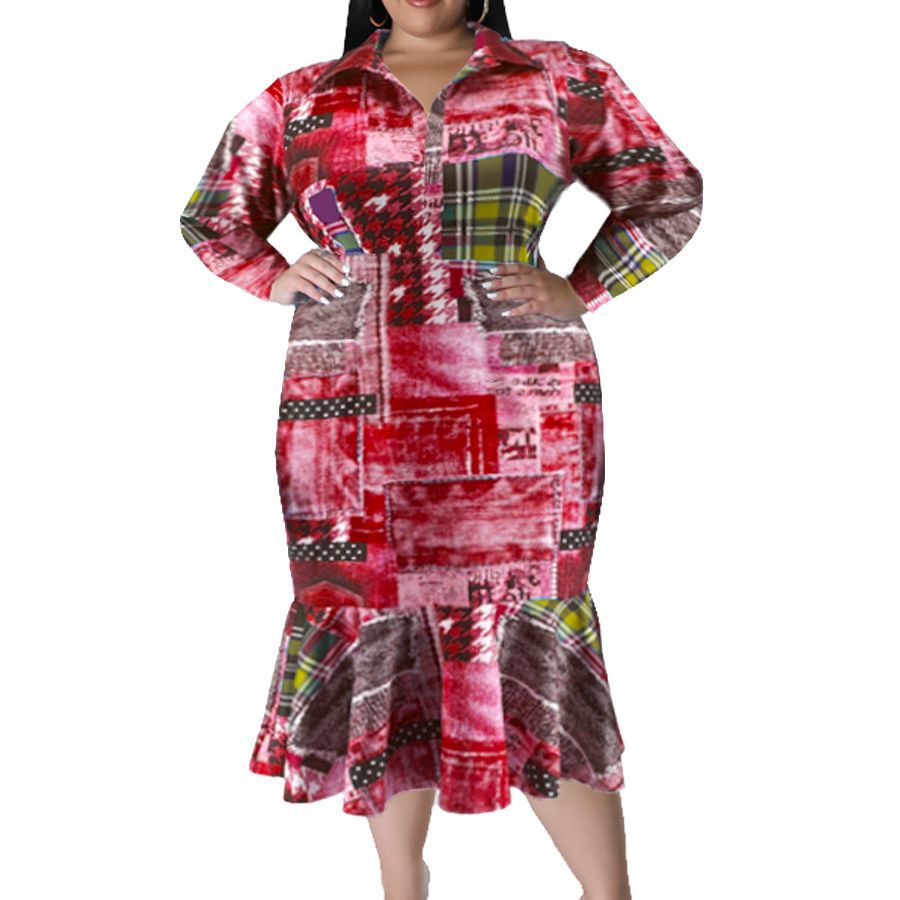 Plus Size Fall Women's Collared Open Long Sleeve Dress