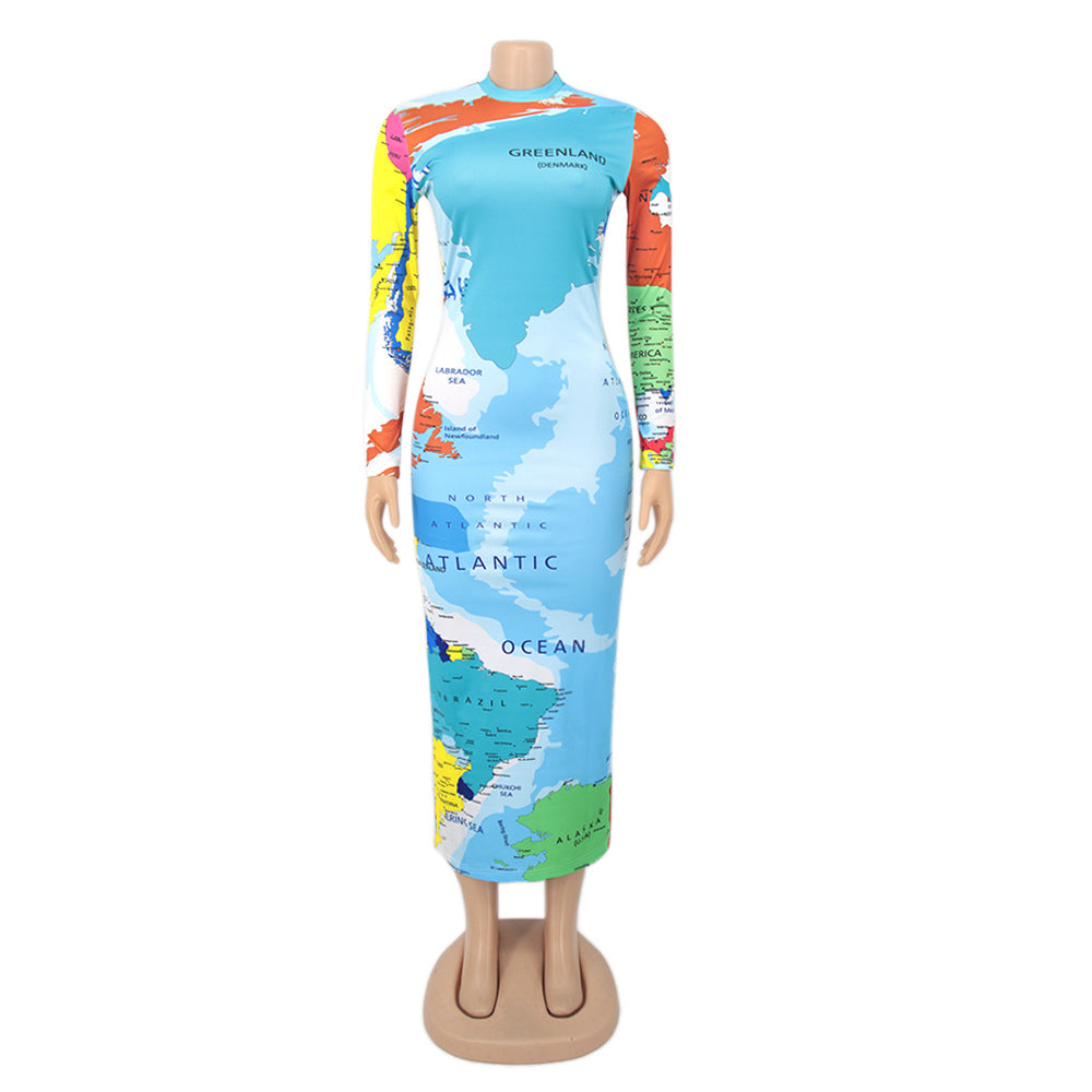 High Neck Long Sleeve Printed Long Dress Fashionable Women's Dress 15