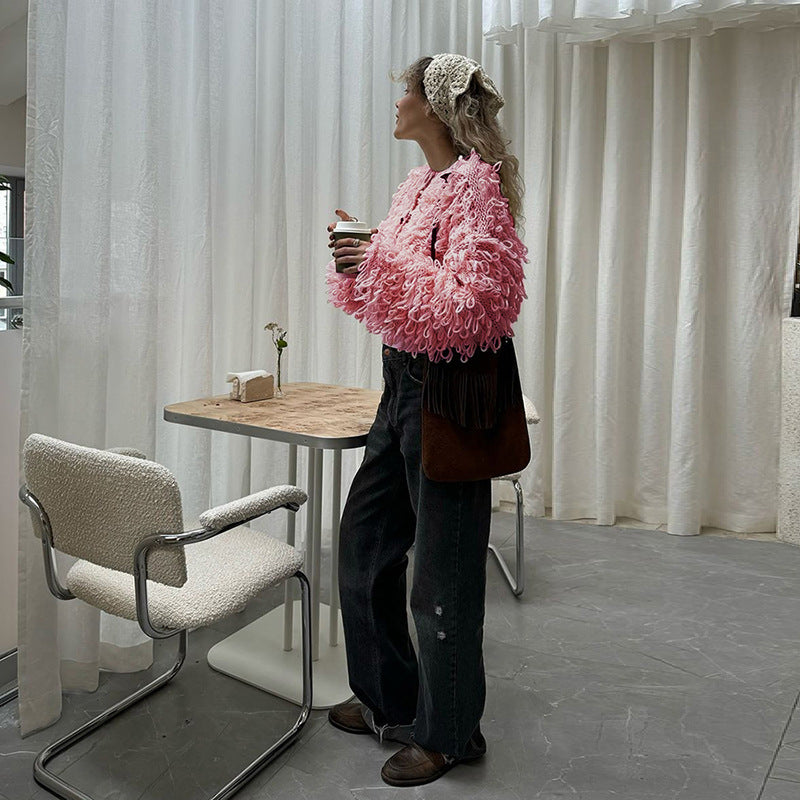 Women Knitting Tassel Button Jacket 3