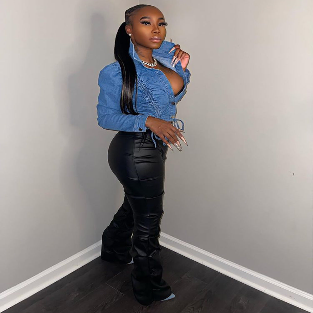 Women's Drawstring Single-Breasted Long Sleeve Denim Jacket Top 4