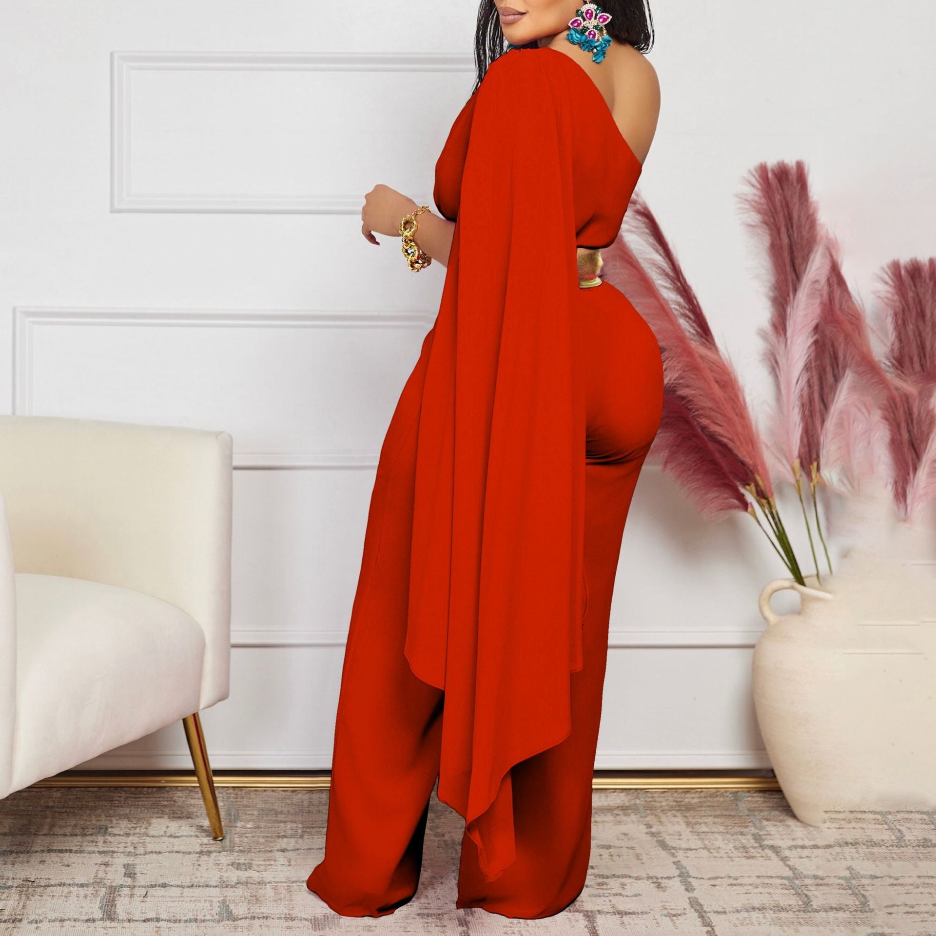 Women's Spring Summer Fashion Chic Slash Shoulder Patchwork Pleated OL High Waist African Jumpsuit 8