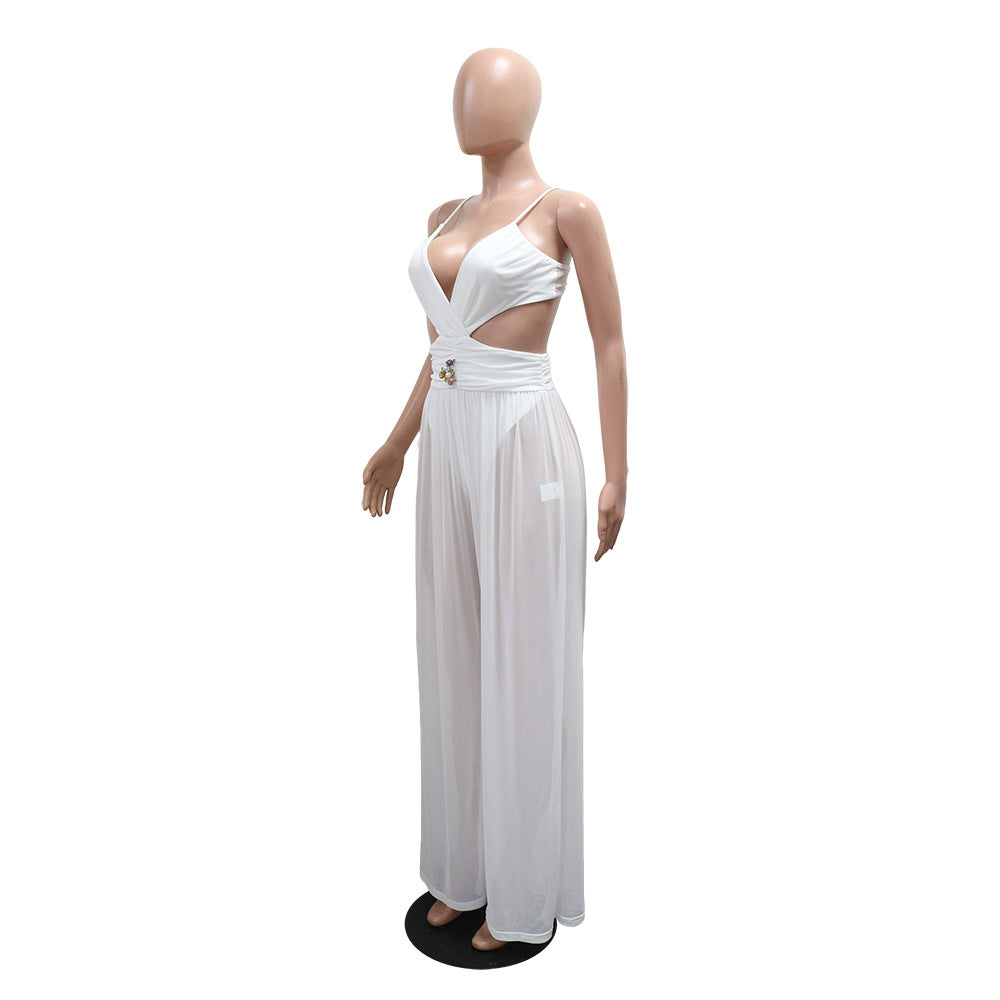 Sexy V-Neck Tie Low Back See-Through Jumpsuit with Long Pants for Women 4