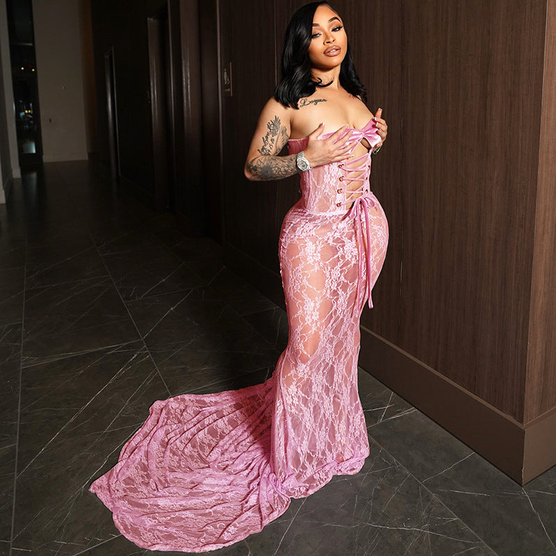 Women Mesh Lace-Up Strapless Dress