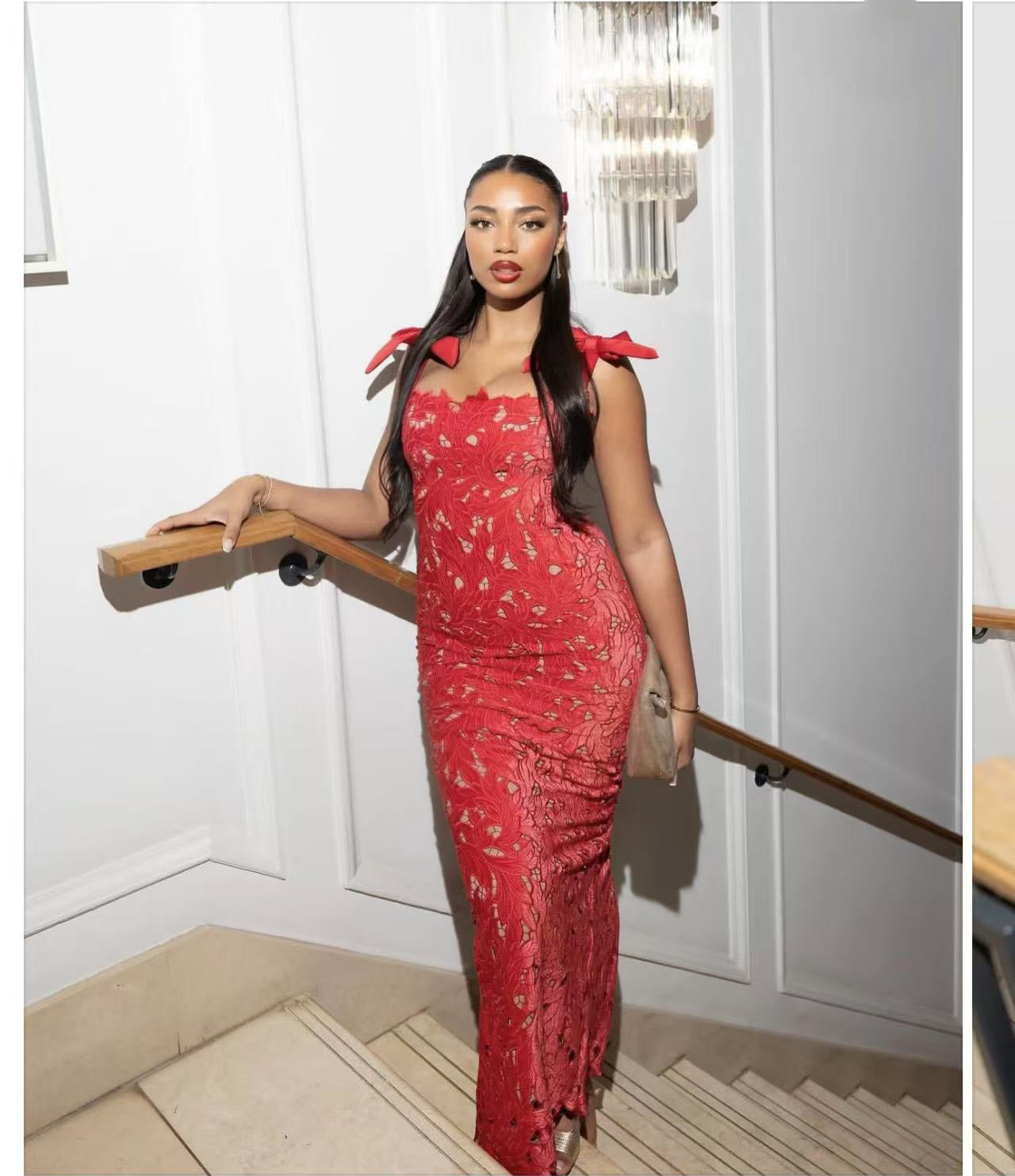 Women Spring and Summer Bow Embroidered Hollow Bodycon Dress 3