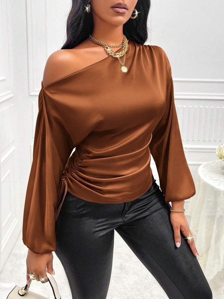 Women's Satin Shirt Asymmetric Slash Shoulder Long-Sleeve Blouse 17