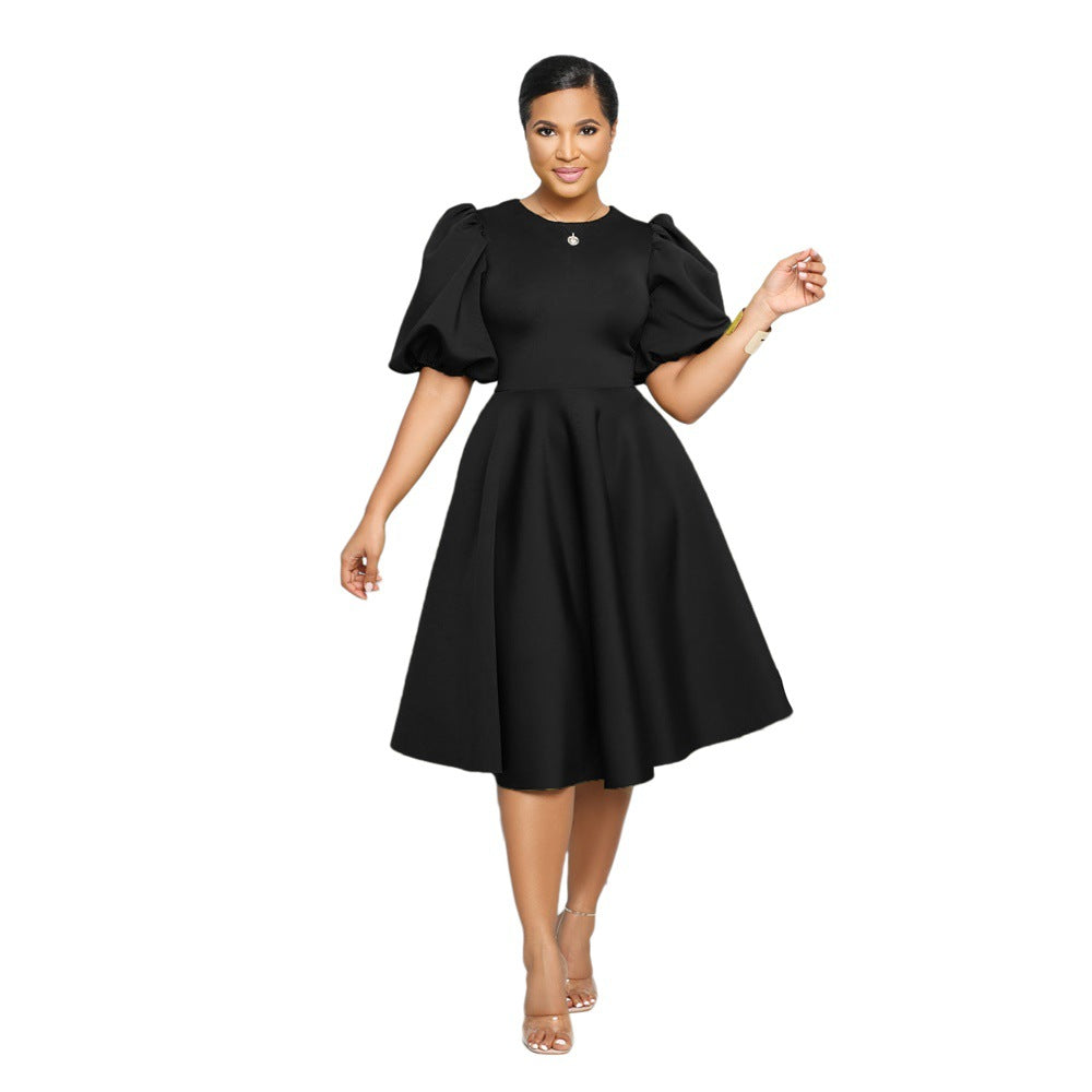 Round Neck Chic Puff Sleeve Slim Waist Swing A-Line Dress 3