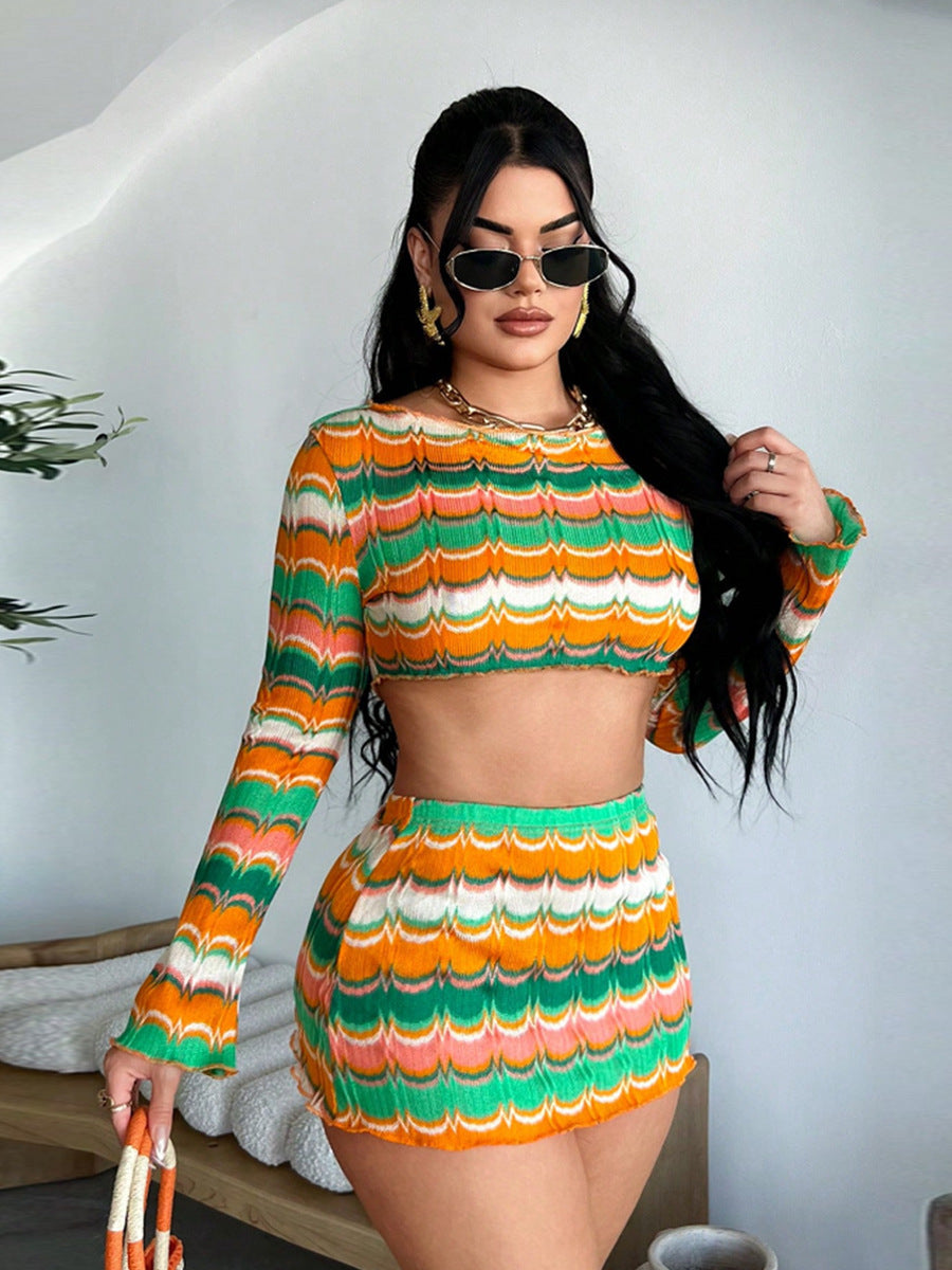 Women's Autumn Winter Sexy Crop Top Yarn-Dyed Multi-Color Skirt Set 5
