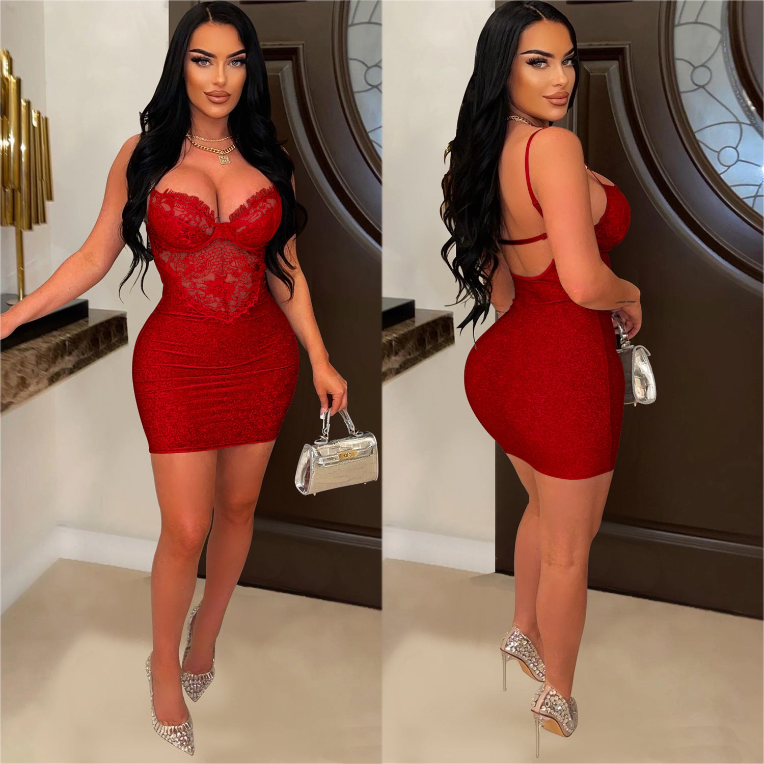 Fashion Ladies Solid Color Sleeveless Skirt Floral Mesh Strap Dress 3