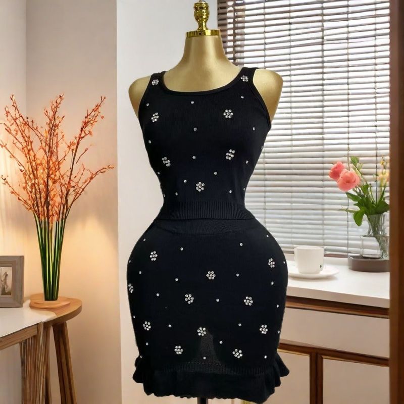 Autumn Elegant White Beaded Knit Tank Top + Mini Skirt Set 4