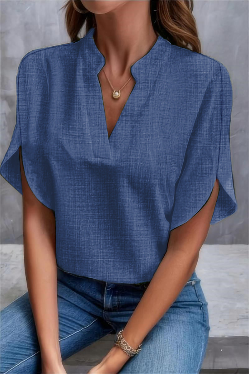 Women Summer Solid V-Neck Off-Shoulder Loose Shirt 10