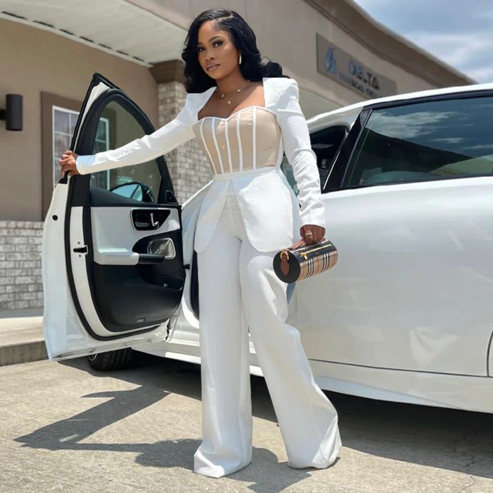 Women's Sexy Slim Waist Contrast Patchwork Long Sleeve Wide Leg Jumpsuit 6