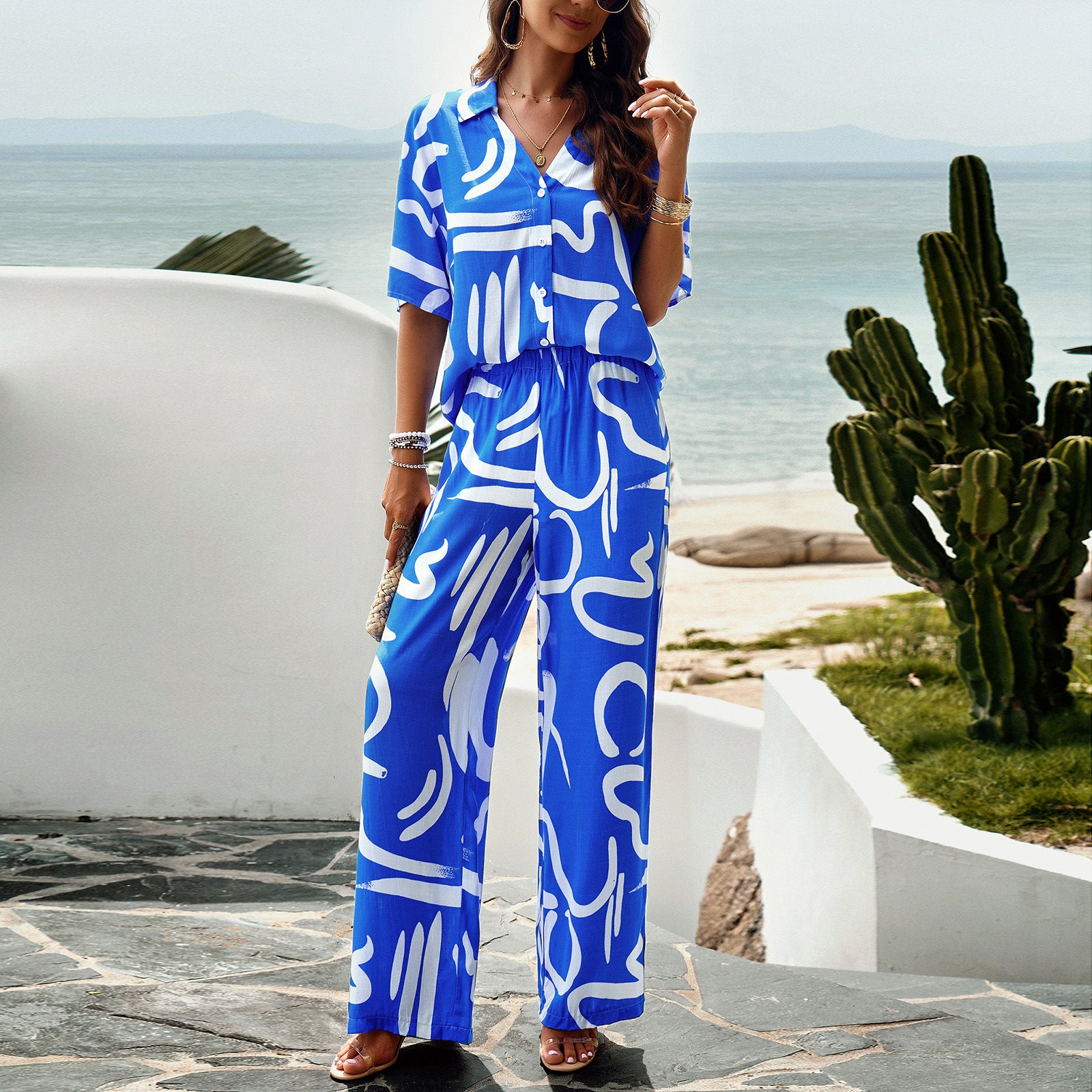 Women's Spring Summer Chic Printed Short Sleeve Lounge Wear 9