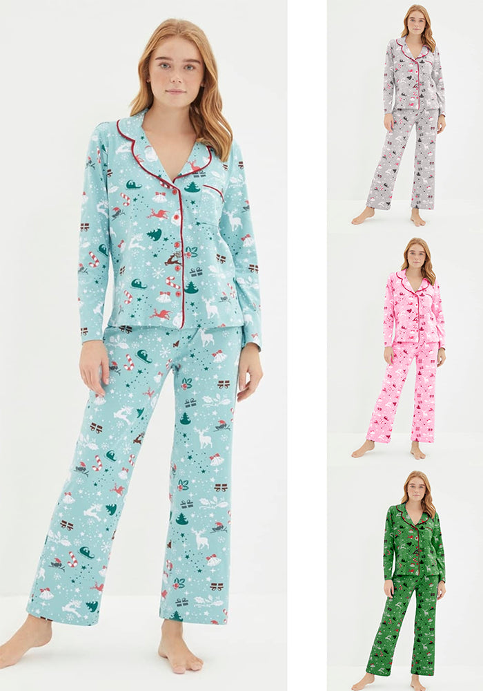 Casual Christmas Printed Shirt And Pants Pajama Set