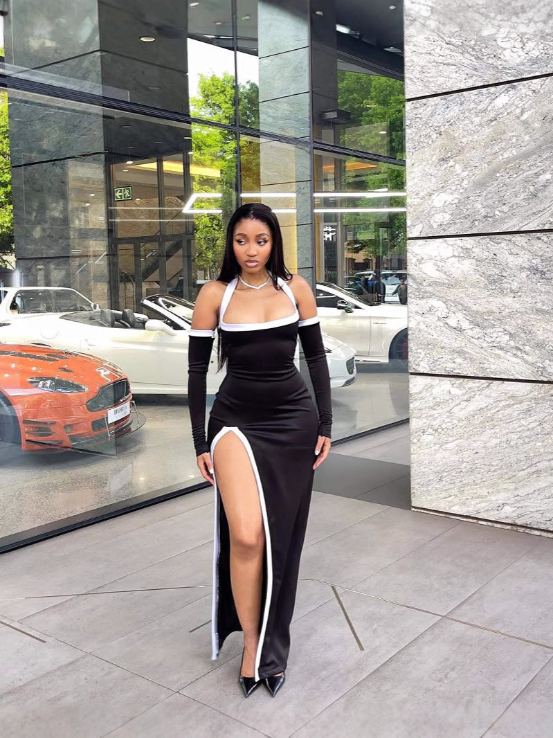 Summer Fashion White Contrast Color High-Slit Halter Neck Dress 6