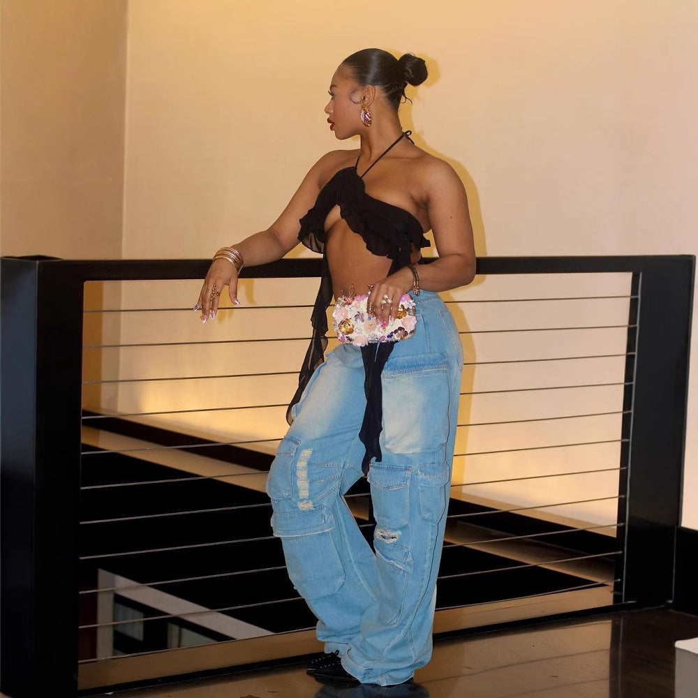 Women's Fashion Street Trendy Cut Straight-Leg Loose Denim Multi-Pocket Trousers 4