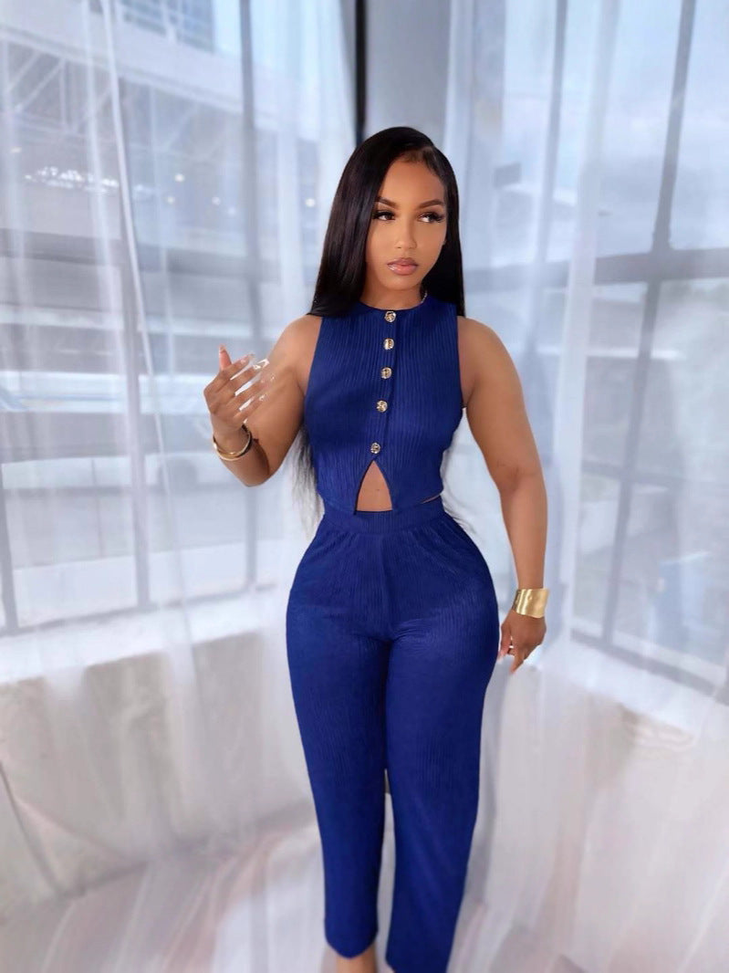 Women's Fashion Slim Vest High Waist Wide Leg Pants Two-Piece Set 5