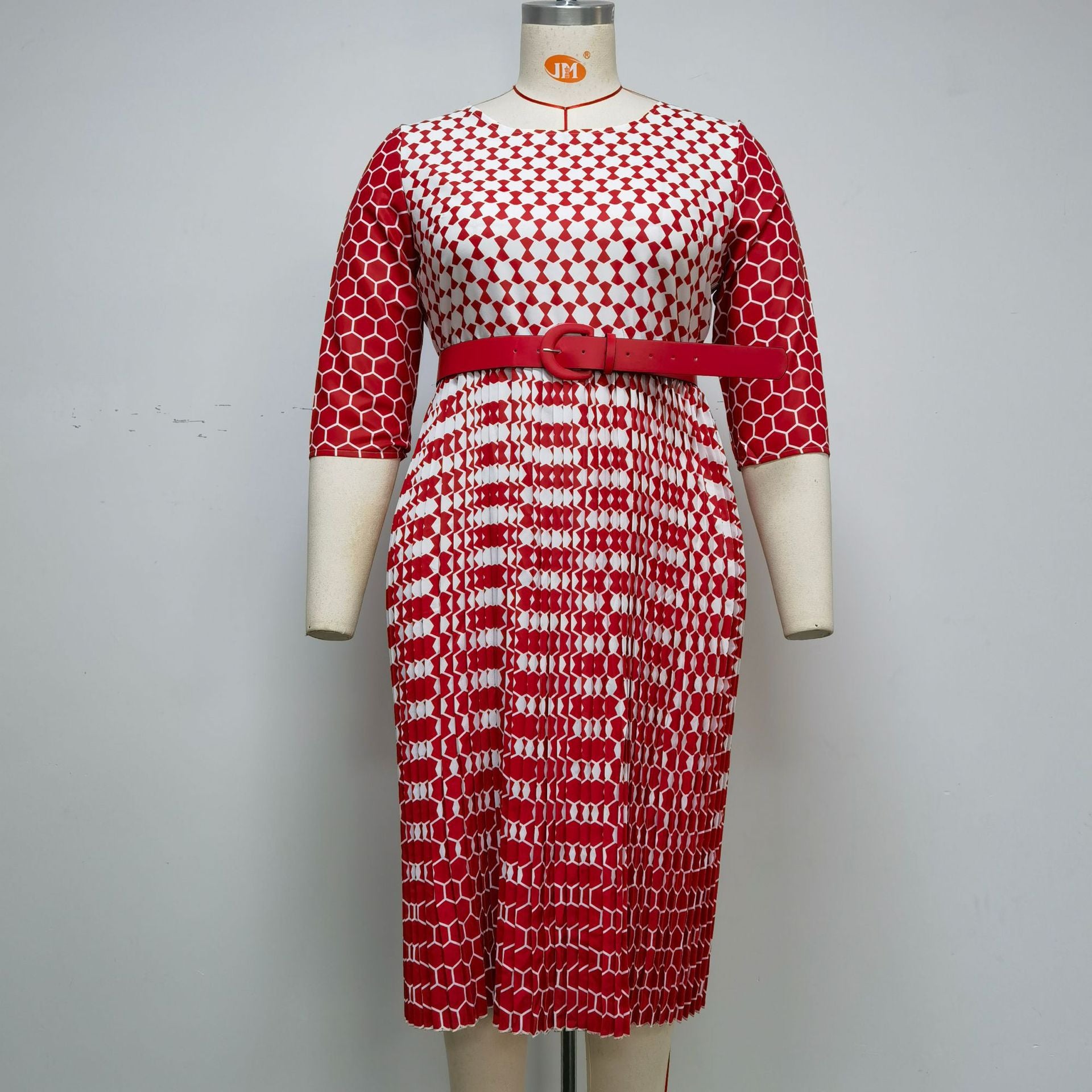 Plus Size Women African Round Neck Three-quarter Sleeve Pleated Snake Dress 11