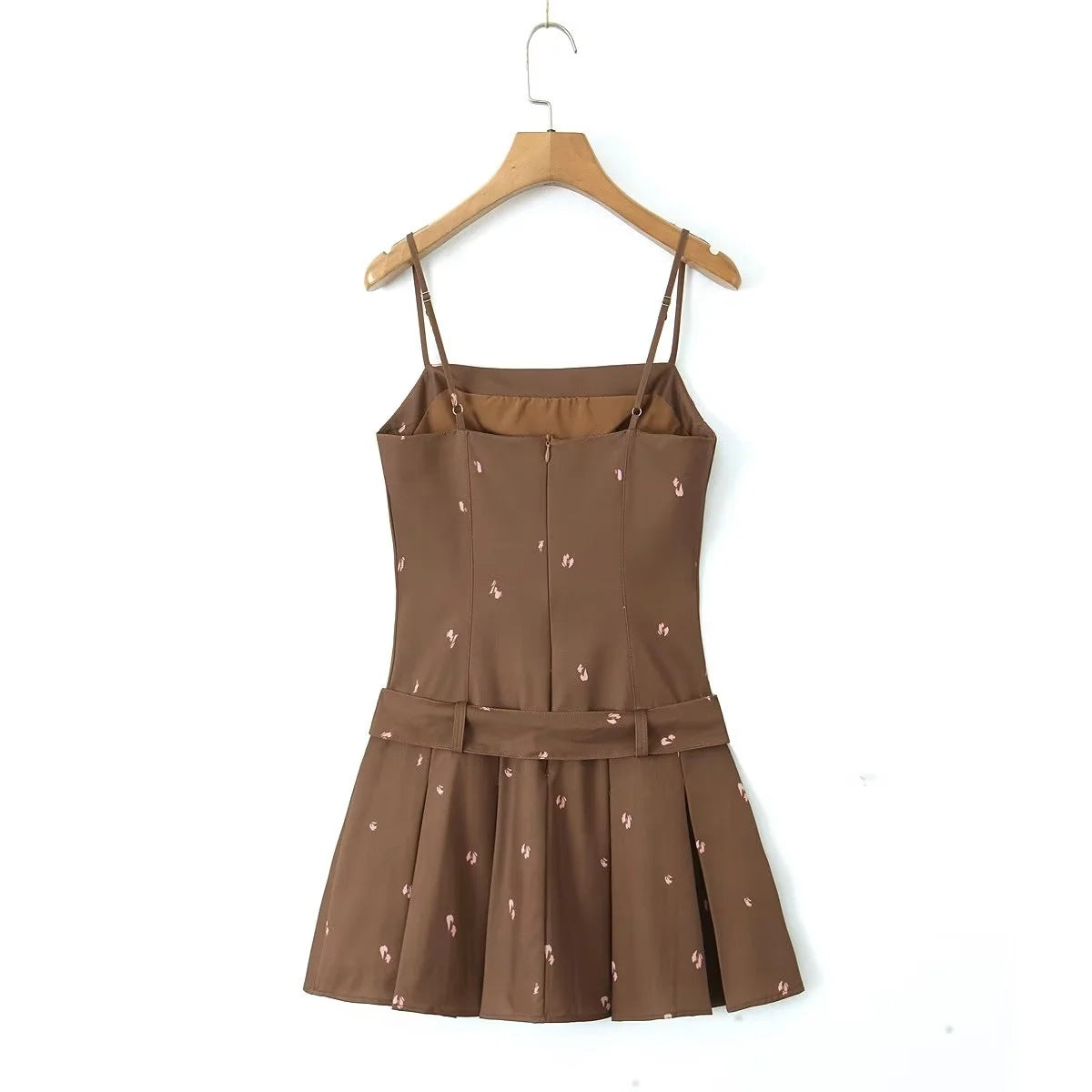 Women Summer French sexy belted pleated printed suspender dress 4