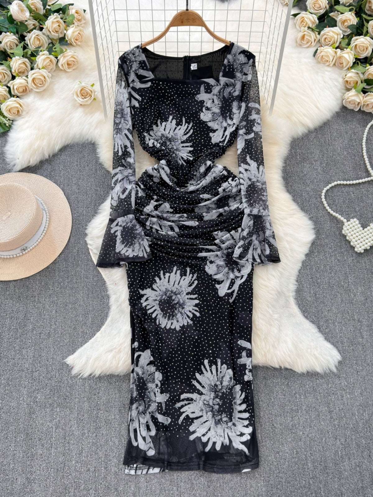 Long-Sleeved Square Neck Chic Slim Spring Autumn Dress 4