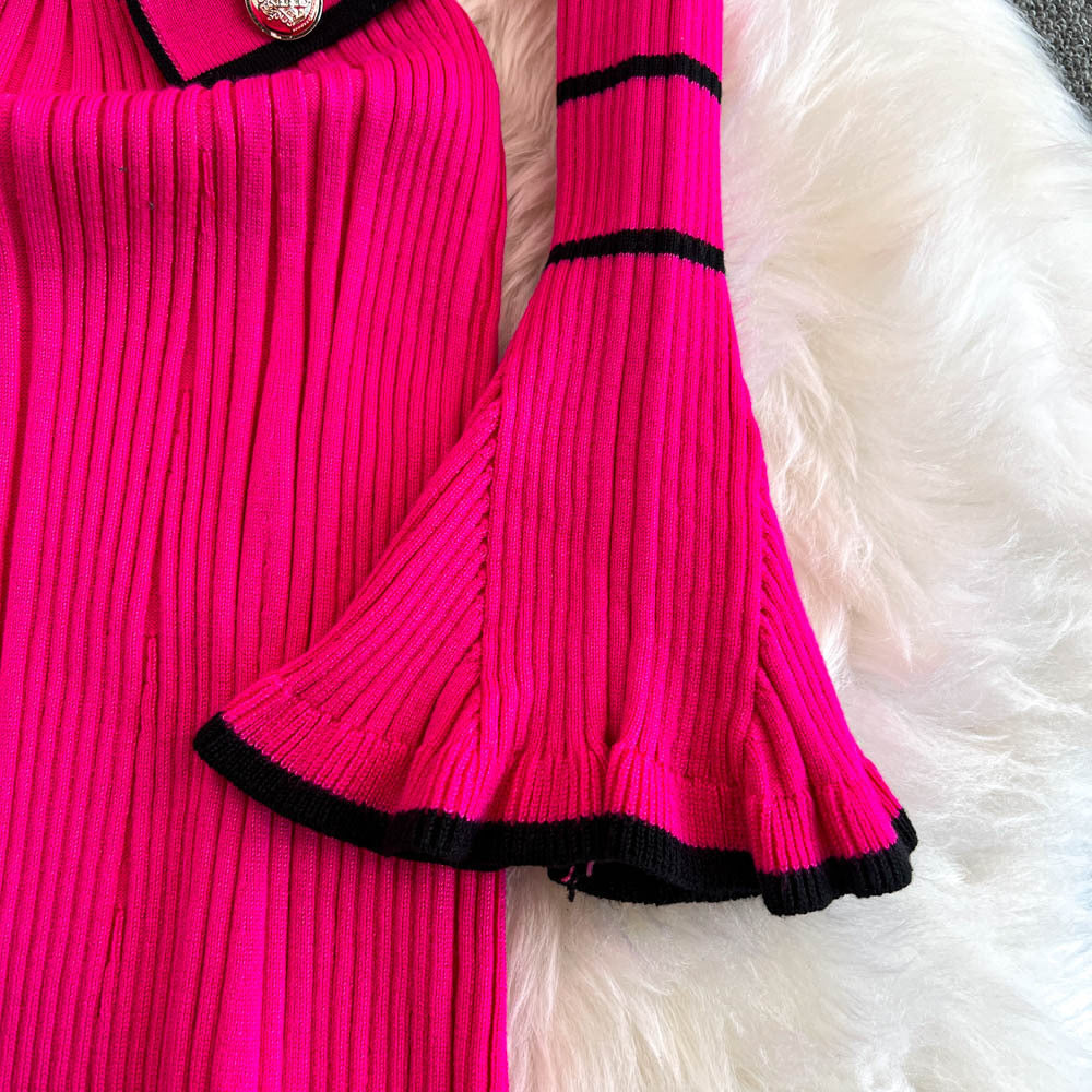 Winter Turndown Collar Knitting Dress Women Long Sleeve Fashion Chic Slim Waist Sweater Dress 12