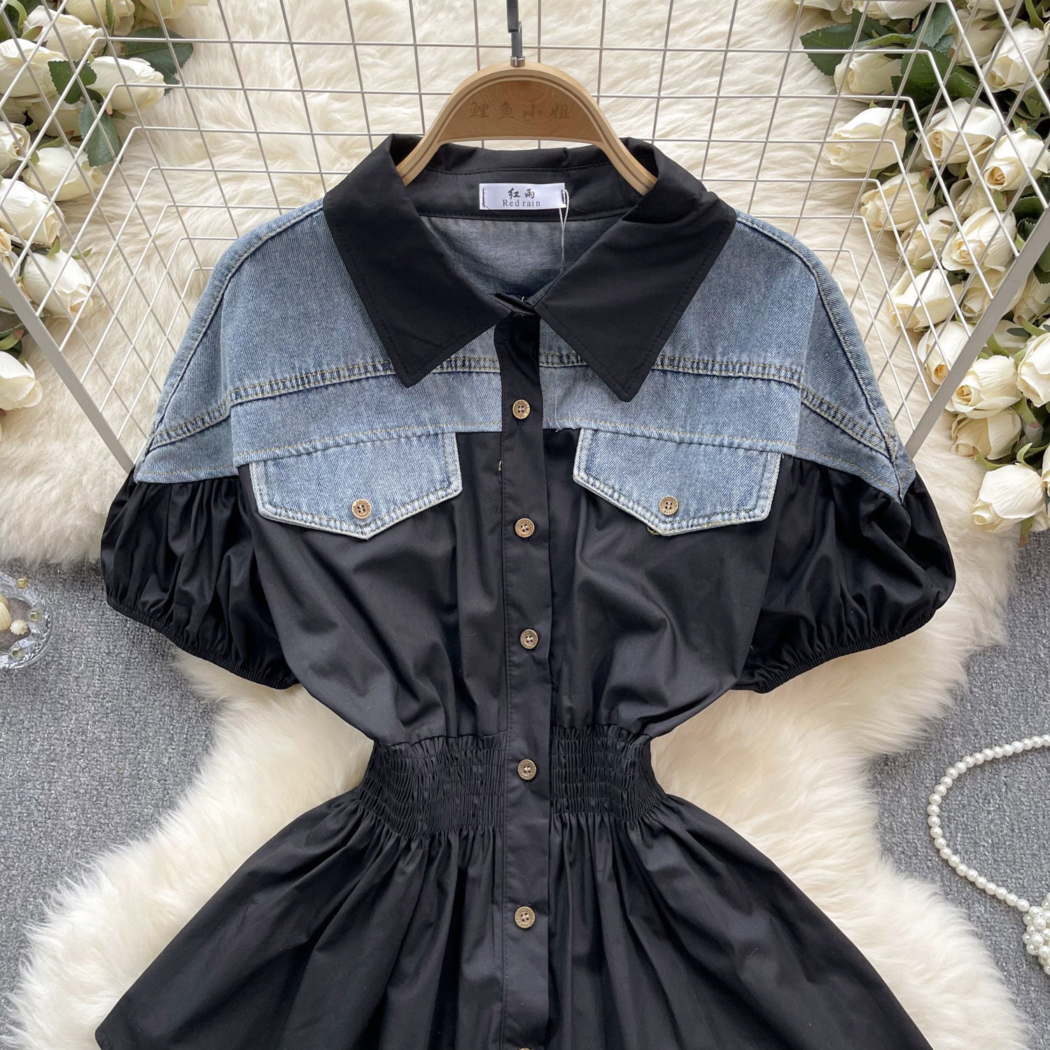 Women Contrast Patchwork Puff Sleeve Stretch Shirt 34