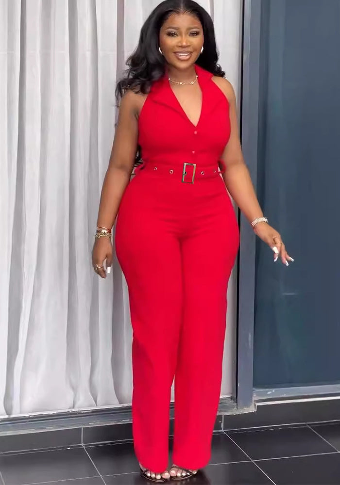 Women Halter Neck Backless V-neck button wide-leg jumpsuit