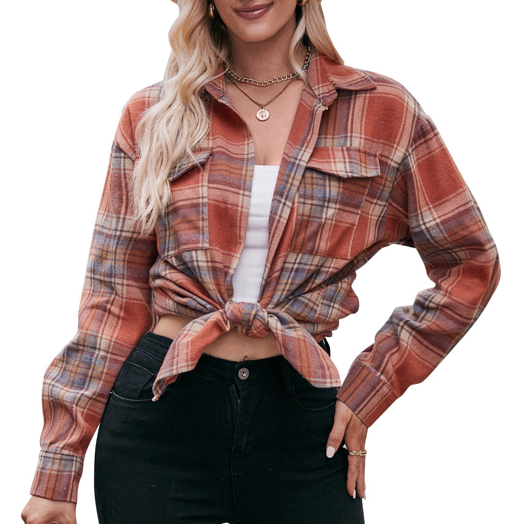 Women Casual oversize loose plaid shirt 18