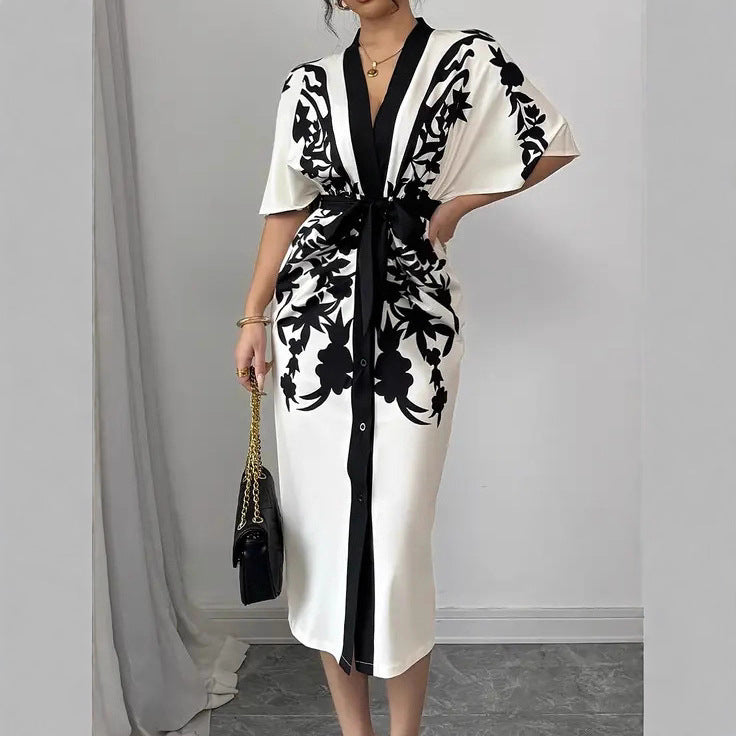 Women V-Neck Contrast Floral Print Belted Slit Dress 5