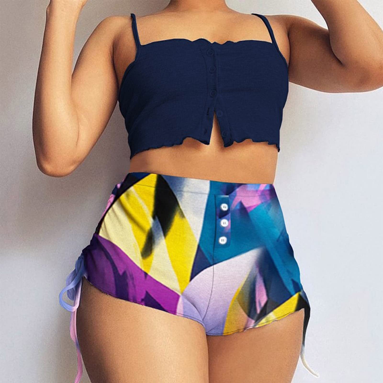 Strap Pajamas Button Printed Two Piece Shorts Set