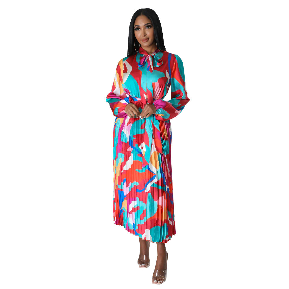 Women's Tie Long Sleeve Printed Pleated Dress 47